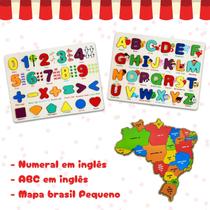 Kit Educativo Infantil Aprendizado Ingles Portugues Mapa do Brasil Alfabeto e Numeral Montessori