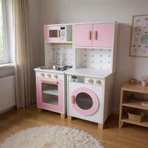 Kit Educativo Mini Cozinha Infantil e Máquina de Lavar Rosa Bebê