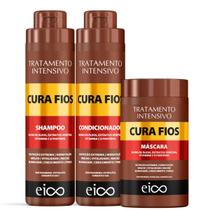 Kit Eico Cura Fios Shampoo Sem Sal e Condicionador Leave-in 1l + Máscara Tratamento Creme Hidratação 1kg Fortalecimento Crescimento Capilar