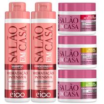 Kit Eico Salão em Casa Hidratação Intensiva Shampoo 800ml Condicionador 750ml 3 Máscaras Cronograma Hidratação Nutrição Reconstrução 270g