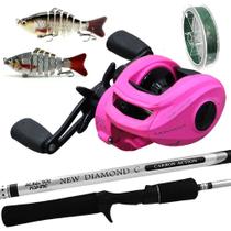 Kit Elas na Pesca Carretilha Montana 10000 Pink Vara Diamond 1,80mts 2 Iscas Linha Multi