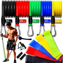 Kit Elástico Treino Extensor 11 Itens + 5 Faixas Mini Band Exercício Fisioterapia Academia em Casa