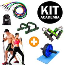 Kit Elásticos Extensores 11 Peças + Hand Grip + Roda Abdominal + Barra de Apoio para Flexão