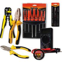 Kit Eletrica 7 Peças Multimetro Alicates Fita 3m Chave F/p