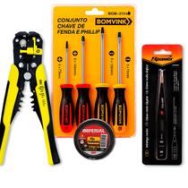 Kit Eletrica Jogo Chave Fenda e Phillips, Chave Multiteste Alicate Decapador Fita Isolante 3m