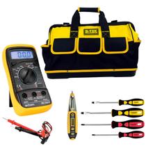 kit eletricista profissional com Bolsa Reforçada + Caneta Detectora + Kit Chave Philips e Fenda + Multímetro Digital