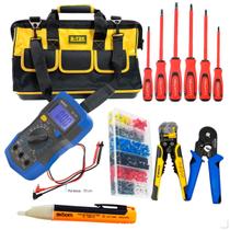 Kit Eletricista Profissional Completo Com Bolsa Reforçada, Multímetro Digital, Fenda e Phillips, 1200 ilhos, Caneta Detectora, Alicate Desencapador