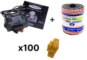 Kit Eletrificador Cerca Elétrica + Fio 500m + 100 Isolador W Amarelo - FAZENDEIRO / IGECAST