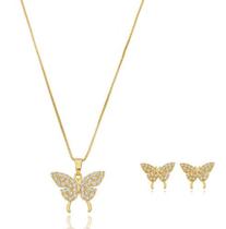 Kit Eliza - Colar Pingente Borboleta Cristal + Brinco banho em ouro 18k