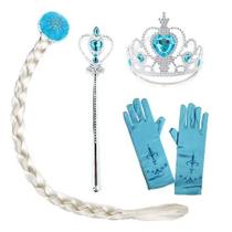 Kit Elsa Frozen Fantasia Trança Coroa Luvas Varinha