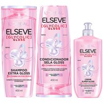 Kit Elseve Glycolic Gloss Shampoo 400ml Condicionador 400ml Creme de Pentear 250ml Loreal Paris Brilho Tratamento Capilar