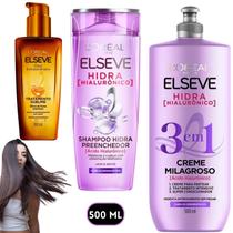 Kit Elseve Hidra Creme Milagroso 3 em 1 Oleo Extraordinario Loreal Paris 500ML Pentear Hidratação