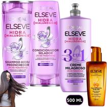 Kit Elseve Hidra Hialuronico Creme Milagroso 3 em 1 Oleo Extraordinario Acido Hialuronico Hidratação
