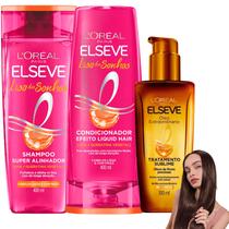Kit Elseve Liso dos Sonhos Oleo Extraordinário AHA Queratina 400ml Extermina Frizz Efeito Liquid