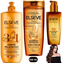 Kit Elseve Óleo Extraordinário Loreal Paris Creme Tratamento Milagroso 3 em 1 Nutrição Oleo Flores