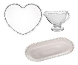 Kit Em Cristal Pearl Transparente Prato, Molheira E Travessa