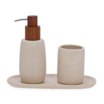 Kit em polirresina para banheiro beje com pump em madeira 3 pcs - 19210