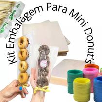 Kit embalagem mini donut 100 espeto 25cm 100 unid saco p.p 15x25 1 rolo de fitilho colorido