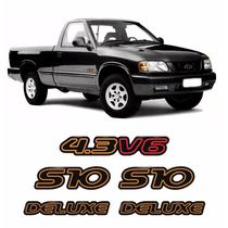 Kit Emblemas S10 2000 Deluxe 4.3v6 Adesivo Preto Resinado