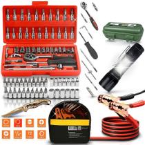 Kit Emergência Automotiva Cabo Chupeta 3m 1200mAh Ferramentas 46 Peças Lanterna LED Canivete