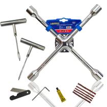 Kit Emergência Chave de Roda 14 Pol 17x19x21x23mm Reparo Pneu Furado 9 em 1 Sem Câmara
