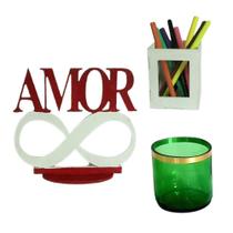 Kit Enfeite Amor de Mesa Escritório Porta Vela Porta Caneta