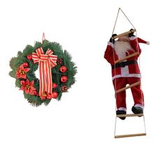 Kit Enfeite De Porta Decoração Natal Guirlanda 40cm E Papai Noel Subindo As Escadas