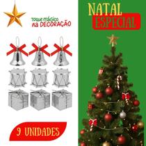 Kit Enfeites de Natal 9 Peças Sinos, Tambores e Presentes Decorativos para Árvore Dourado, Prata e Vermelho