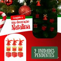 Kit Enfeites de Natal 9 Peças Sinos, Tambores e Presentes Decorativos para Árvore Dourado, Prata e Vermelho