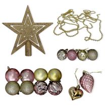 Kit Enfeites de Natal Bolas Estrela Dourado e Rosa Completo