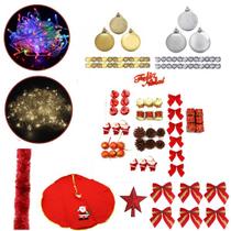 Kit Enfeites Para Árvore Natal 91 Itens Saia Ponteira Pinha Tambores Bola 4cm Pisca Pisca 110v