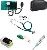 Kit Enfermagem Acadêmico Com Estojo Completo Verde Premium - Estetoscópio, Esfigmomanômetro, Oxímetro, Termômetro e Garr