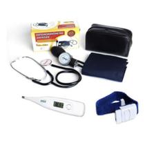 Kit Enfermagem Aparelho De Medir Pressão Manual + Termômetro + Garrote