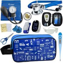 Kit Enfermagem Aparelho de Pressão Estetoscópio Aneroide Medidor Glicemia Completo Transparente Estampado Incoterm
