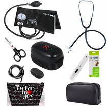 kit Enfermagem Aparelho De Pressão+ Estetoscópio Premium G-tech + Oxímetro Pulso Dedo Adulto/Pediátrico + Termômetro + Bolsa Estágio