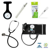 Kit Enfermagem Básico Preto Estetoscópio , aparelho de pressão , lanterna e Relógio