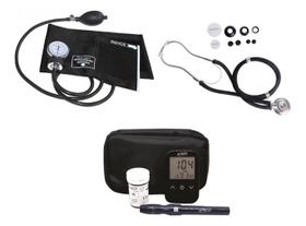 Kit Enfermagem Com Esfigmomanômetro + Estetoscópio Rappaport + Aparelho De Glicose Lite