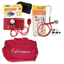 Kit Enfermagem com esteto esfigmo e bolsa Vermelho
