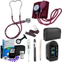 Kit Enfermagem Completo Estetoscópio Esfigmomanômetro Oximetro Glicose Garrote Termometro, Lanterna Lapela