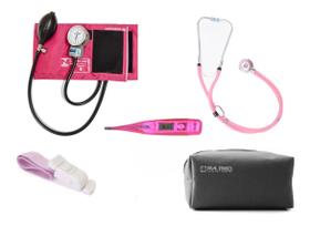 Kit Enfermagem Esfigmo + Esteto + Termometro Garrote Bolsa