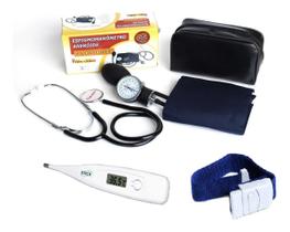 Kit Enfermagem Esfigmomanômetro + Estetoscópio + Garrote + Termômetro