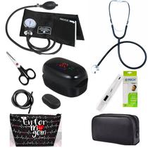 Kit Enfermagem Esfigmomanômetro + Oxímetro Dedo Adulto/Pediátrico + Estetoscópio Manual Pressão