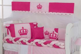 Kit Enxoval de Berço Princesa Coroa Pink Bordado Lateral Trança 12 Pç