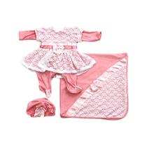 Kit Enxoval De Boneca Saída Maternidade de Luxo Ana Laura Salmão Para Bebê Reborn com 3 Peças