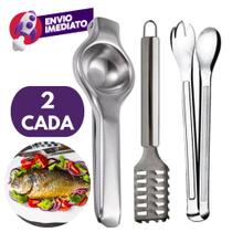 Kit Escamador Descamador Peixe E Pegador Para Salada E Espremedor Amassador Limão Inox