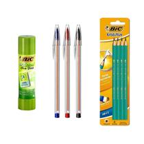 Kit Escola Faculdade - 3 Canetas Bic + 4 Lápis + Cola Bastão