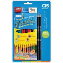 Kit Escolar 1 Caixa com 12 Lápis de Cor 2 Lápis HB 1 Borracha e 1 Apontador, Cis - 132568