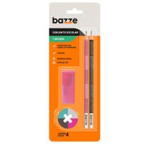 KIT ESCOLAR - 2 Lápis preto + Apontador com depósito + Borracha - Cartela C/4 peças - Bazze