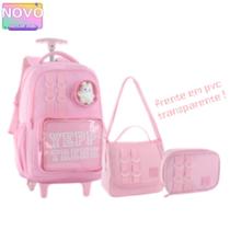 Kit Escolar 3 em 1 Mochila com Rodinhas Frente em PVC transparente Gatinho fofo Kit Escolar 3 em 1 Mochila com Rodinhas Frente em PVC transparente Gatinho fofo