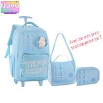Kit Escolar 3 em 1 Mochila Frente em PVC transparente Gatinho fofo com Rodinhas Bolsa Tiracolo Estoj